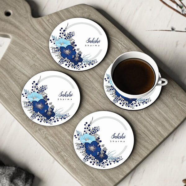 Flower Wreath Blue Circle Frame Customized Photo Printed Circle Tea & Coffee Coasters