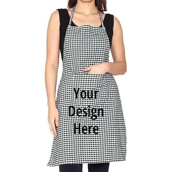 Black White Customized Cotton Checkered Kitchen Apron with Front Center Pocket